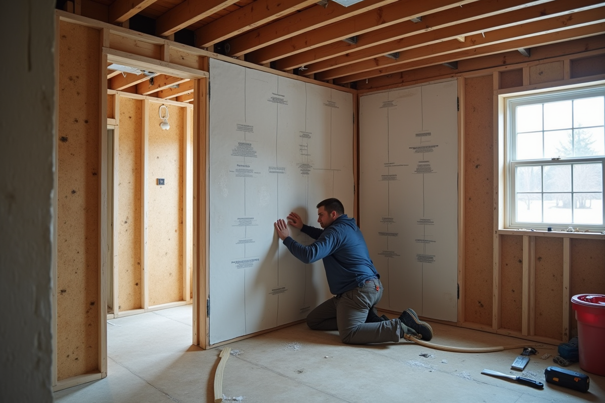 Installateur posant des panneaux d isolation dans un sous-sol