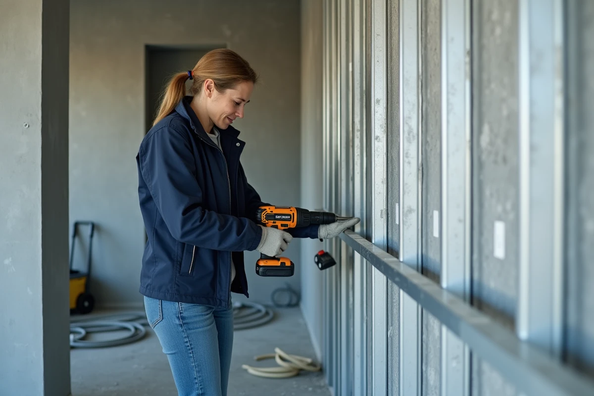 Professionnelle du bâtiment fixant une ossature métallique sur un mur béton pour pose de plaques d'isolation sur rails