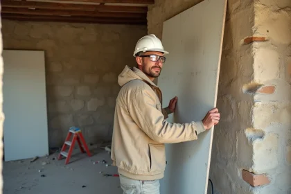 Artisan posant un panneau de placo isolant thermique sur un mur en pierre d'une vieille maison en rénovation