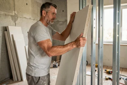 Ouvrier posant une plaque de placo sur ossature métallique dans un salon en cours de rénovation