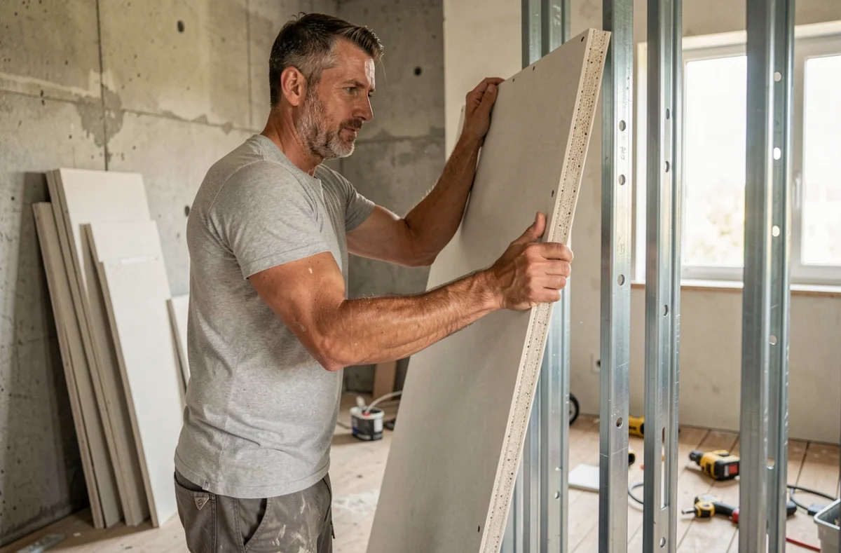 Ouvrier posant une plaque de placo sur ossature métallique dans un salon en cours de rénovation