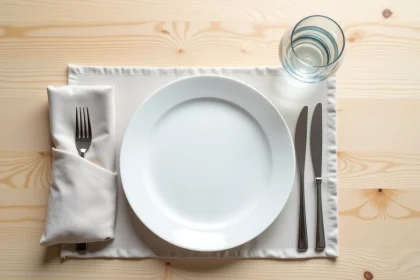 Vue de dessus d'un couvert de table formel montrant le positionnement précis du verre à eau en haut à droite de l'assiette
