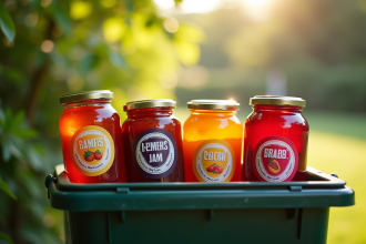 pots de confiture non ouverts dans une poubelle recyclage en plein air