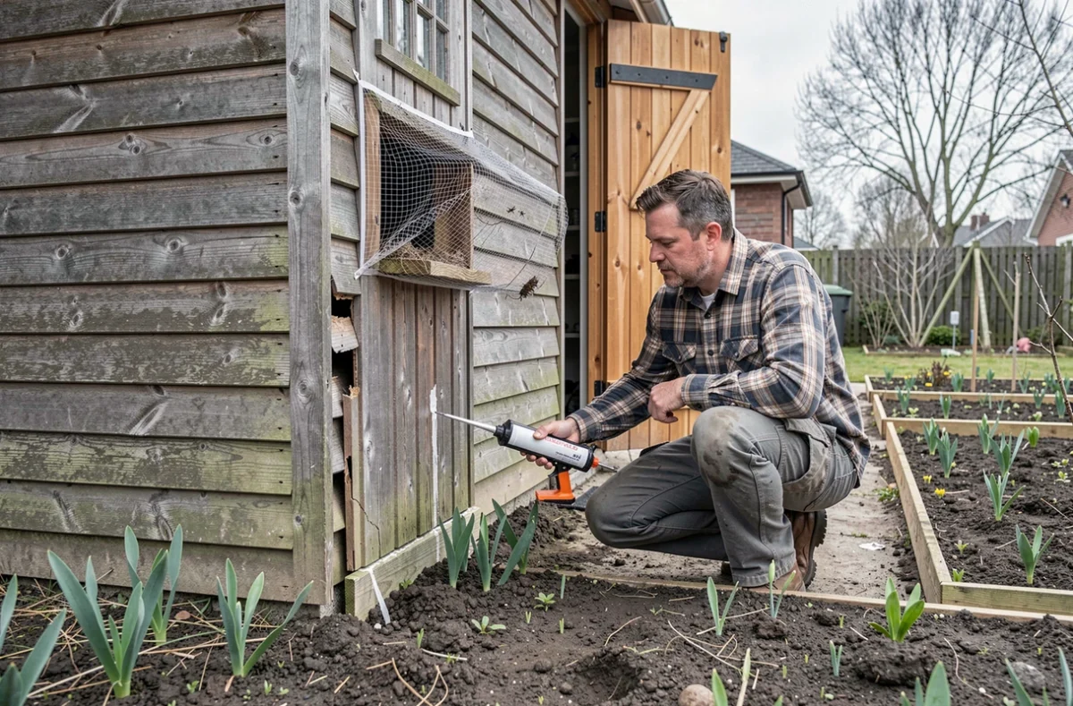 Homme colmatant les fissures d'un abri de jardin au printemps pour prévenir l'installation de nids de mouches ou guêpes