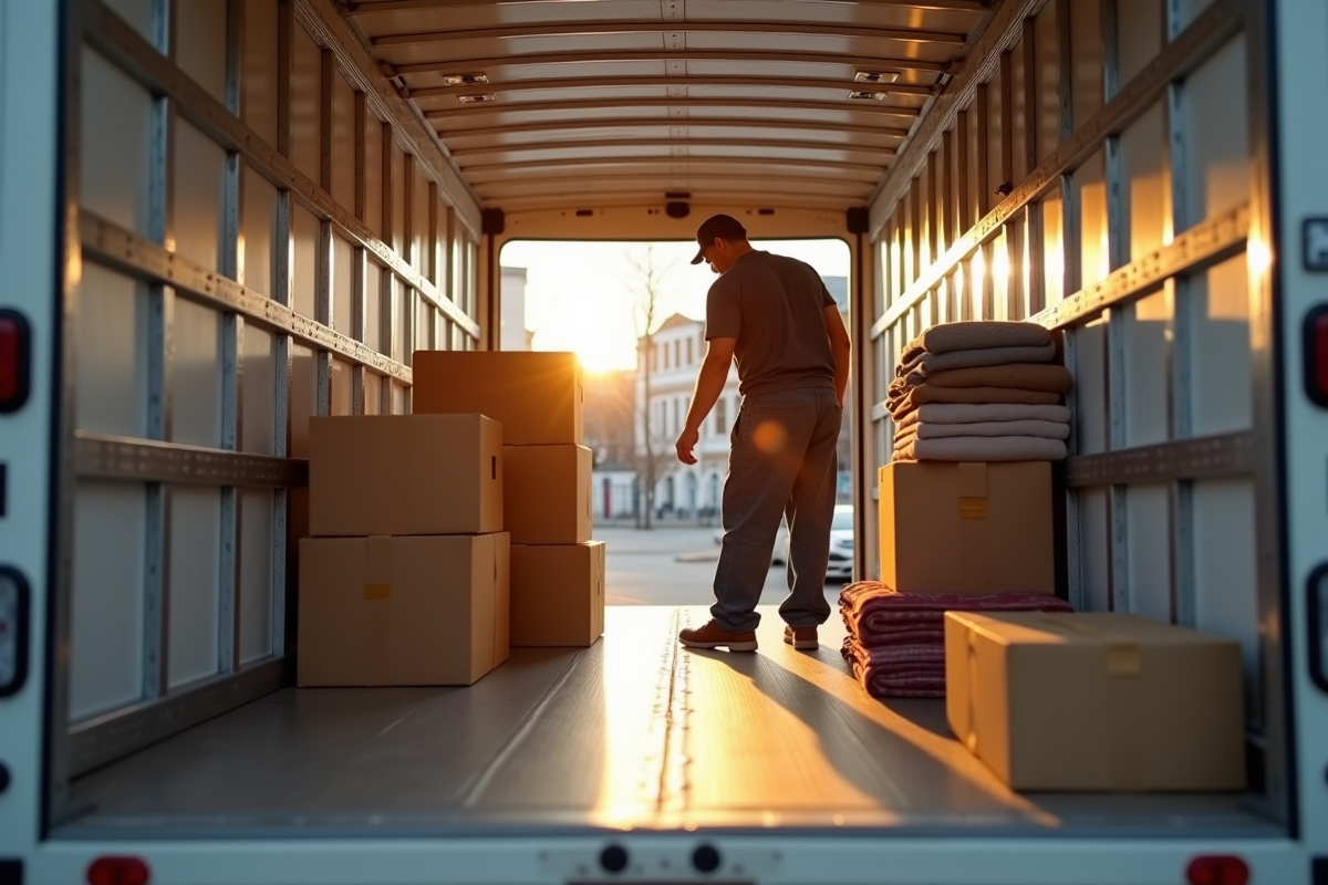 Monteur professionnel sécurisant des meubles dans un camion de déménagement