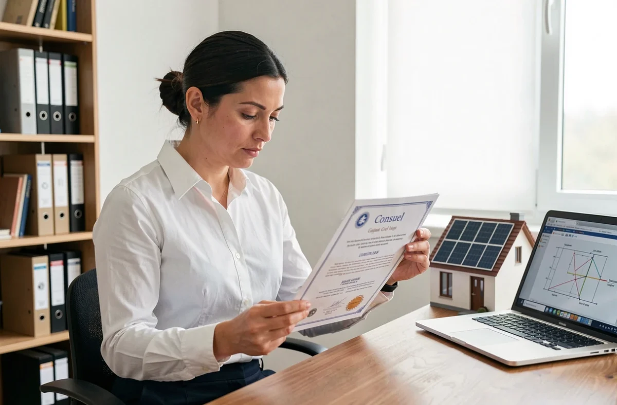 Propriétaire examinant une attestation Consuel pour l'installation de panneaux solaires à son domicile