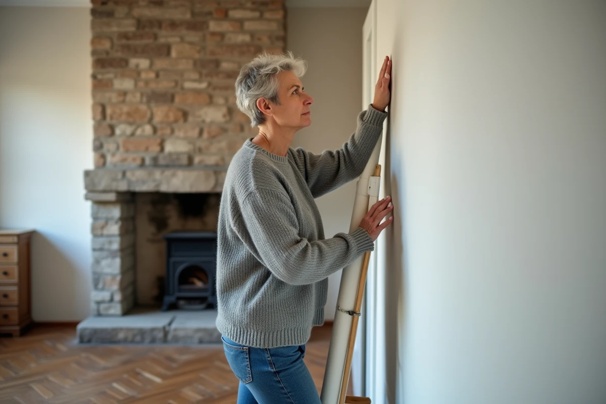 Propriétaire inspectant un mur isolé avec du placo thermique dans le salon rénové d'une ancienne maison