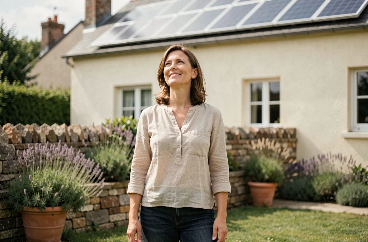 Propriétaire satisfaite devant sa maison équipée de panneaux solaires EDF ENR