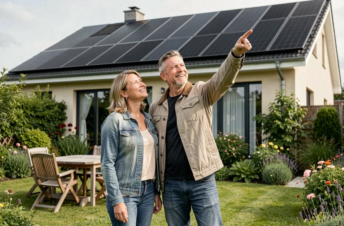 Couple de propriétaires dans leur jardin observant les panneaux solaires full black installés sur le toit de leur maison contemporaine
