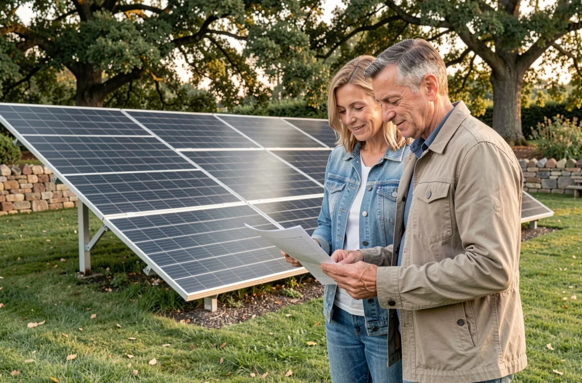 Couple de propriétaires consultant les documents d'installation devant leurs panneaux photovoltaïques au sol dans leur jardin