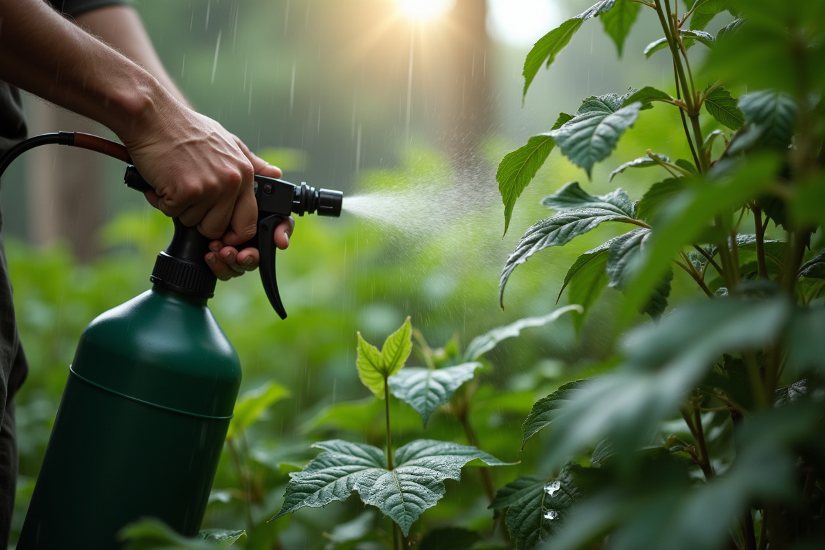Jardinier pulvérise huile de neem sous la pluie sur les plantes