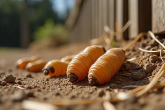 Pupes de mouches regroupées sur sol sec en plein été dans une ferme agricole, vue macro détaillée