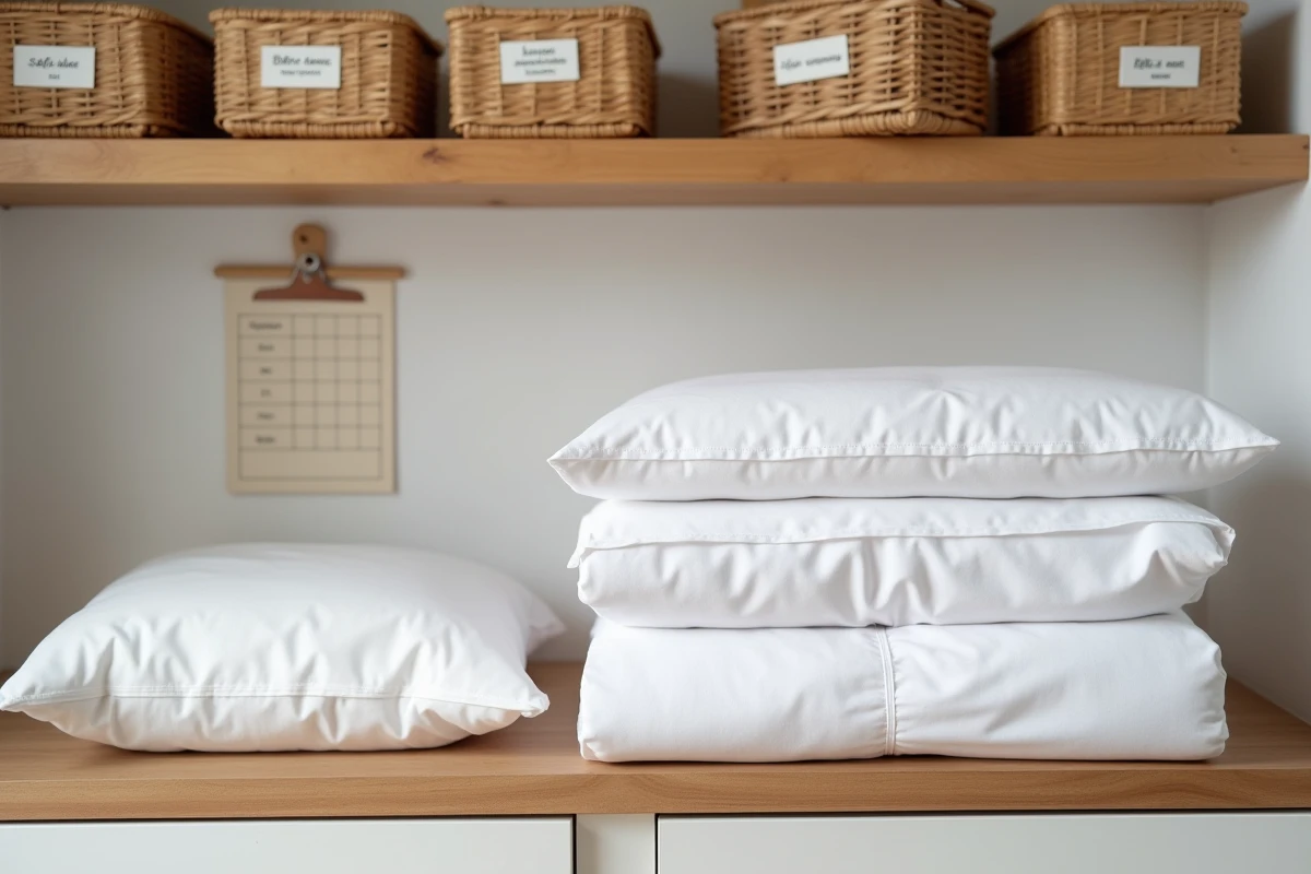 Rangement de linge blanc revitalisé sur étagère en bois dans une buanderie de location saisonnière avec contrôle qualité
