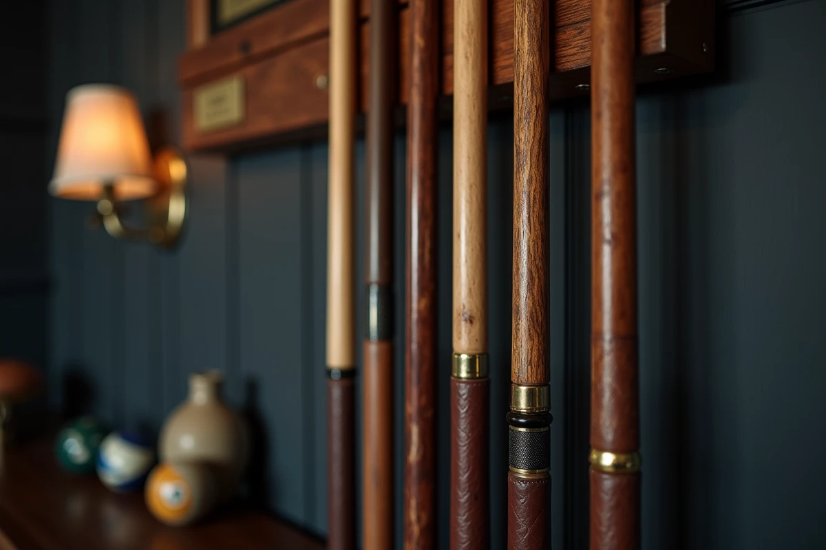 Râtelier de queues de billard Chevillotte en bois d'érable sur mur en lambris sombre avec accessoires décoratifs