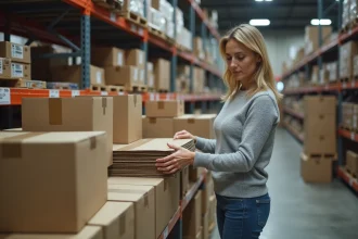 Femme récupérant des cartons gratuits dans la réserve d'un supermarché pour un déménagement