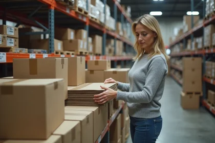 Femme récupérant des cartons gratuits dans la réserve d'un supermarché pour un déménagement
