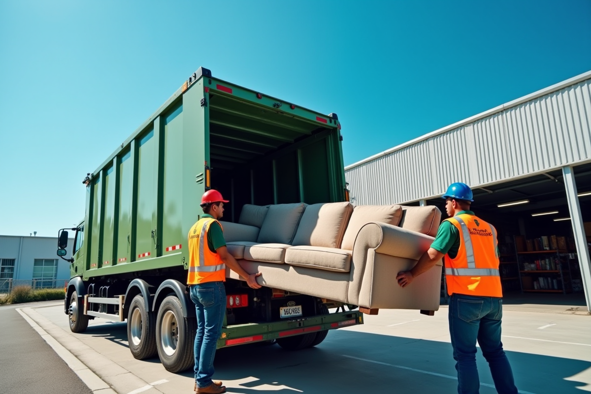 Travailleurs en gilets de sécurité soulevant un vieux canapé dans une usine de recyclage moderne