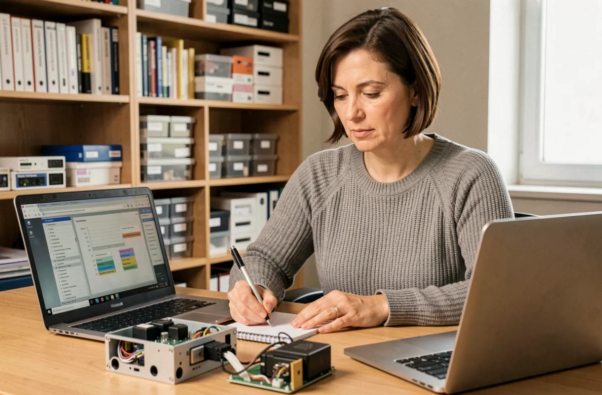 Femme rédactrice testant et prenant des notes sur un inverseur de polarité électromagnétique ouvert dans un bureau à domicile