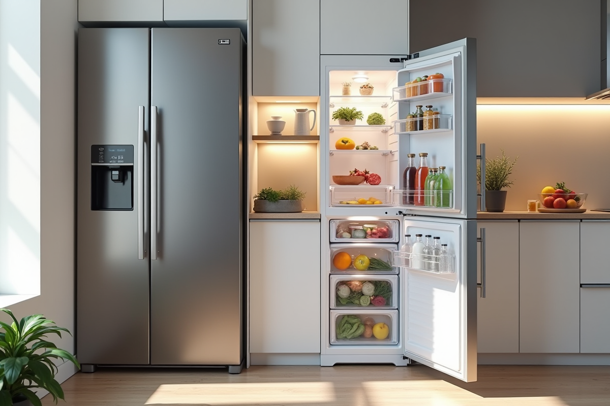 Réfrigérateur moderne en inox sans givre dans une cuisine lumineuse