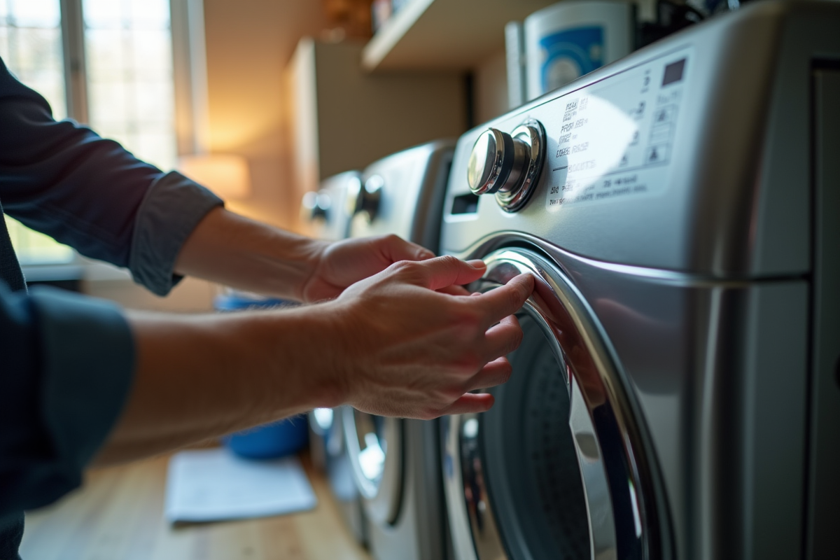 Détail des mains réglant une machine lave-linge séchant neuve