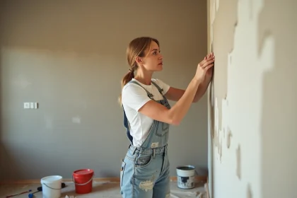 Femme examinant une paroi fraîchement peinte lors d'une rénovation intérieure, entourée de matériel de peinture professionnel
