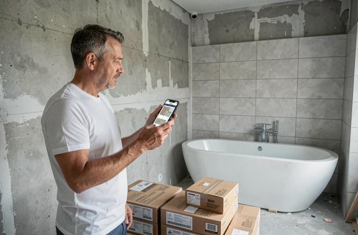 Homme consultant une application de planification de salle de bains sur smartphone lors d'une rénovation