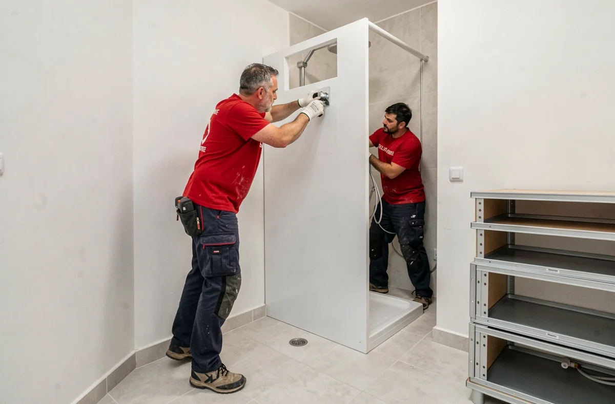 Équipe Renovax-M en train d'installer rapidement une cabine de douche dans une salle de bain d'appartement à Marseille