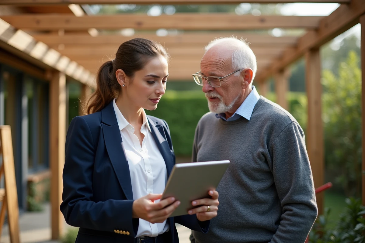 Jeune femme professionnelle examinant devis en jardin