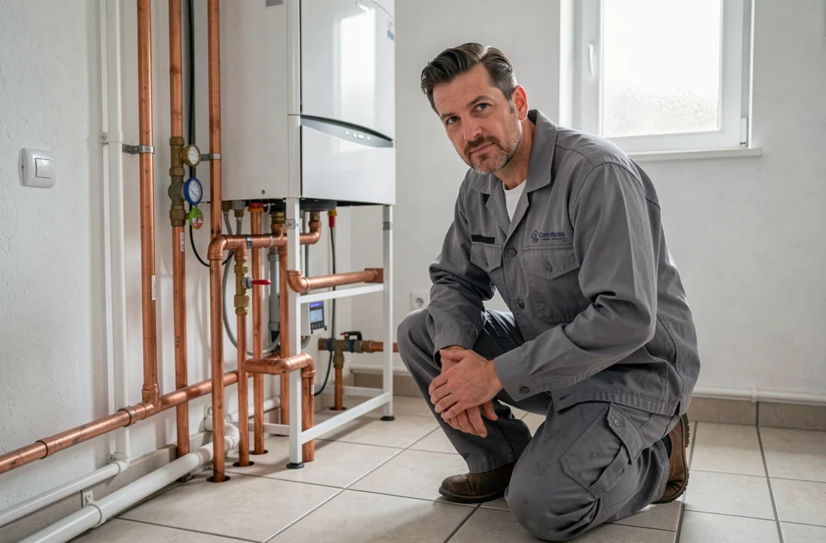 Plombier chauffagiste de RK Plomberie travaillant sur une installation de chauffage à Bretteville-sur-Odon