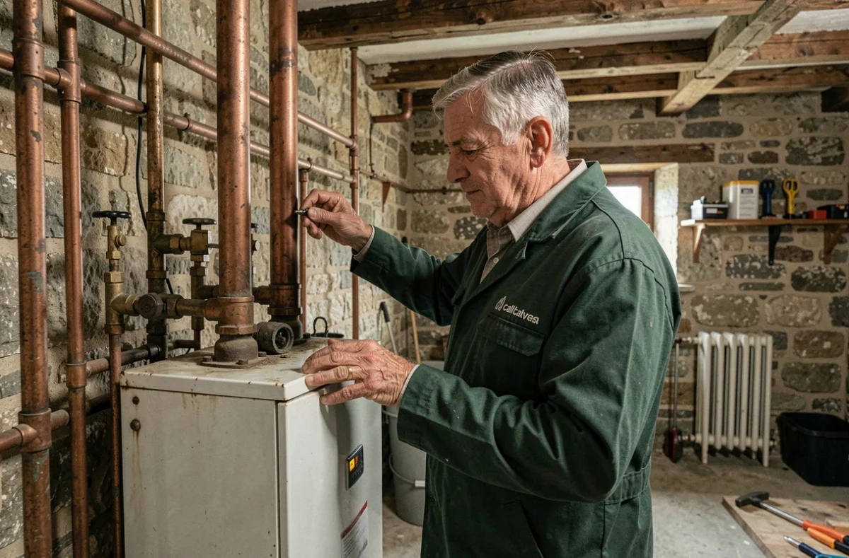 Chauffagiste historique Roussel inspectant une installation de chauffage ancienne dans une maison normande du Calvados