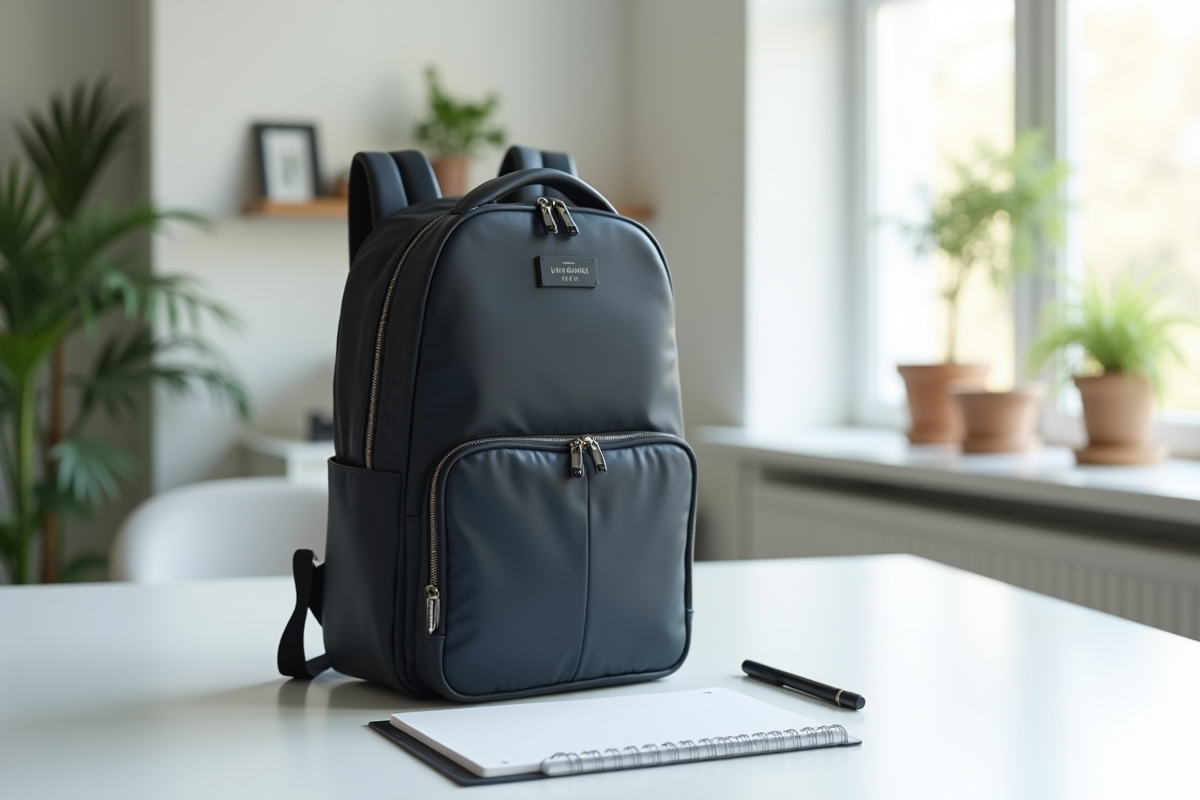 Sac à dos blanc sur une table avec règle et carnet