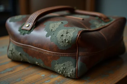Gros plan sur un sac en cuir brun avec des taches de moisissure verte et grise le long des coutures