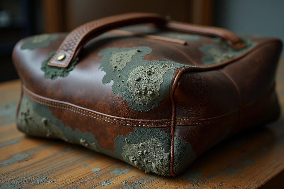 Gros plan sur un sac en cuir brun avec des taches de moisissure verte et grise le long des coutures