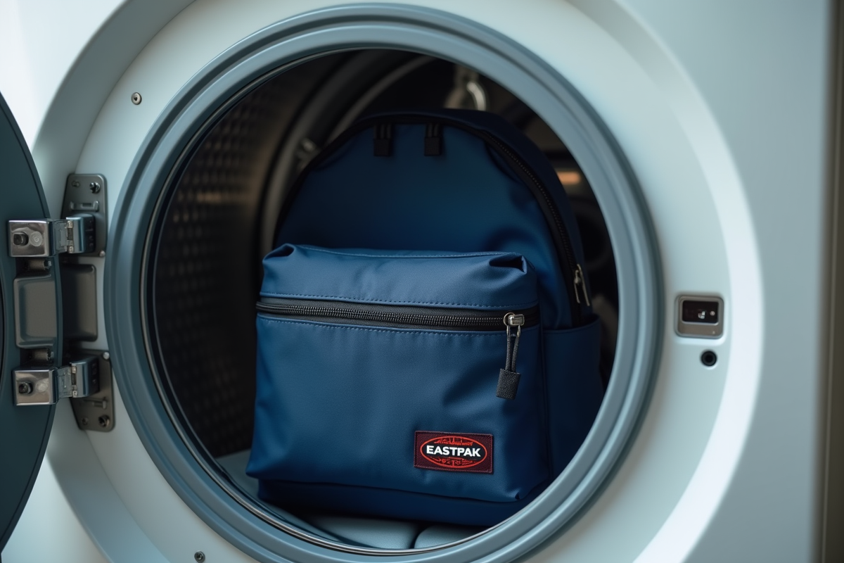 Sac Eastpak bleu marine dans une machine à laver moderne