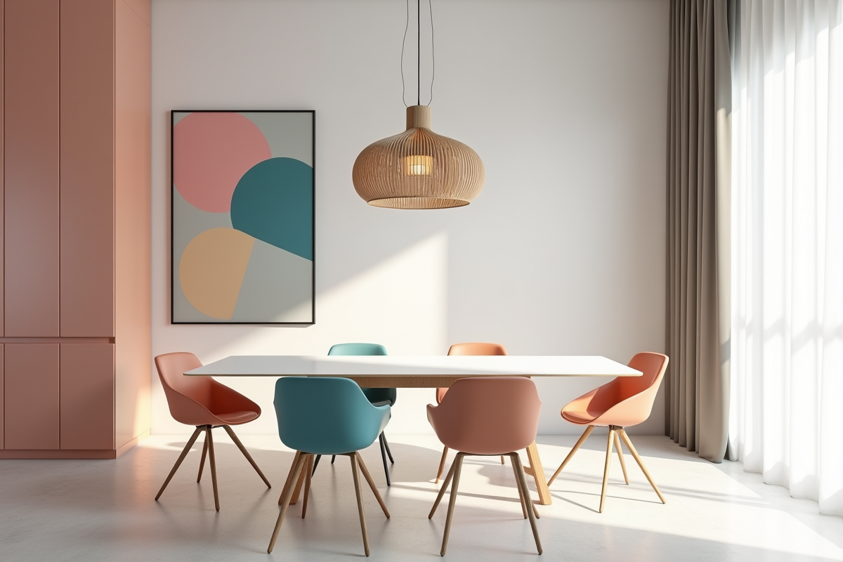 Salle à manger minimaliste avec accents géométriques et lumière