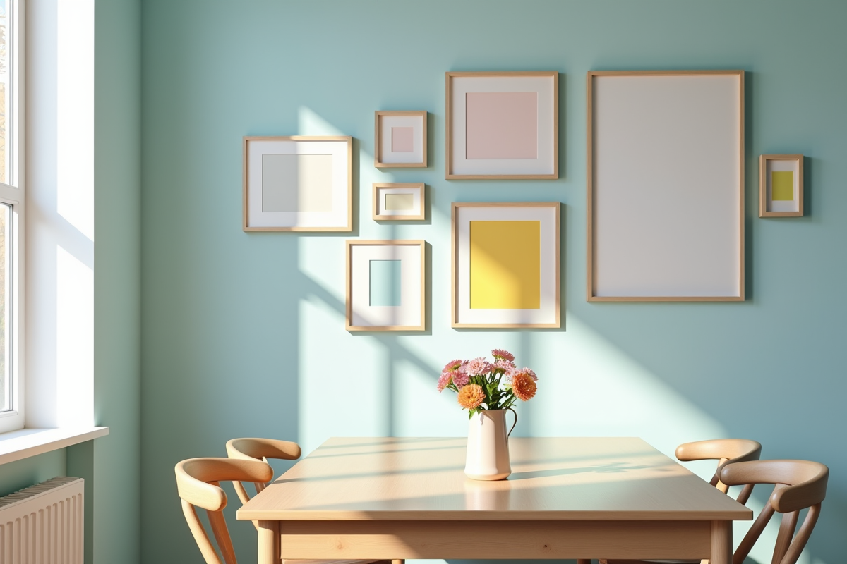 Coin repas scandinave avec mur pastel bleu et galerie d