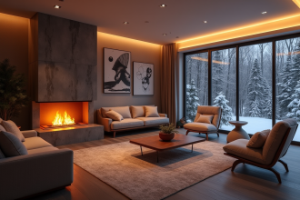 Salon moderne et chaleureux en sous-sol ambiance hiver