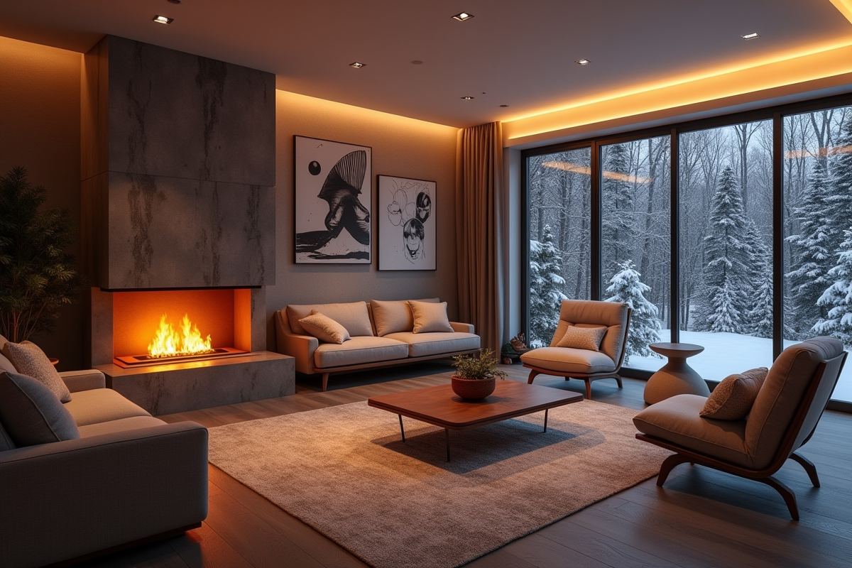 Salon moderne et chaleureux en sous-sol ambiance hiver
