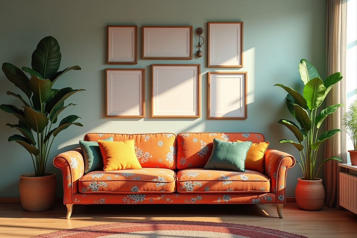 Salon boho avec canapé coloré et plantes vertes