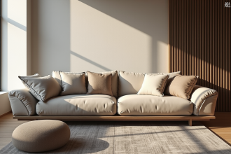 Salon moderne avec canapé et coussins confortables