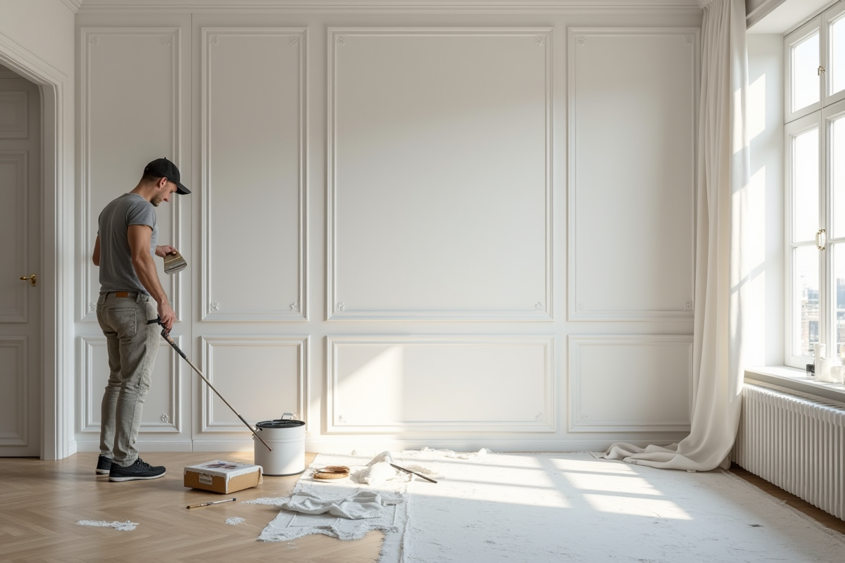 Salon moderne avec un bricoleur appliquant de la peinture blanche sur un mur en bois
