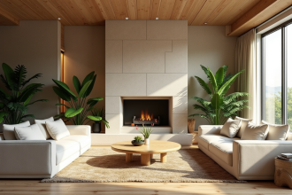 Salon moderne avec murs en hempcrete et plantes vertes