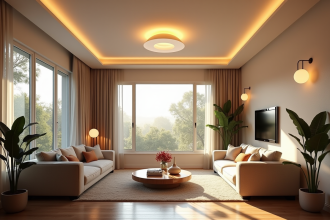 Salon moderne avec luminaires et lumière naturelle
