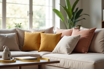 Salon moderne avec canapé beige et coussins colorés lumineux