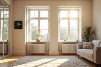 Salon moderne avec thermostat digital et radiateurs
