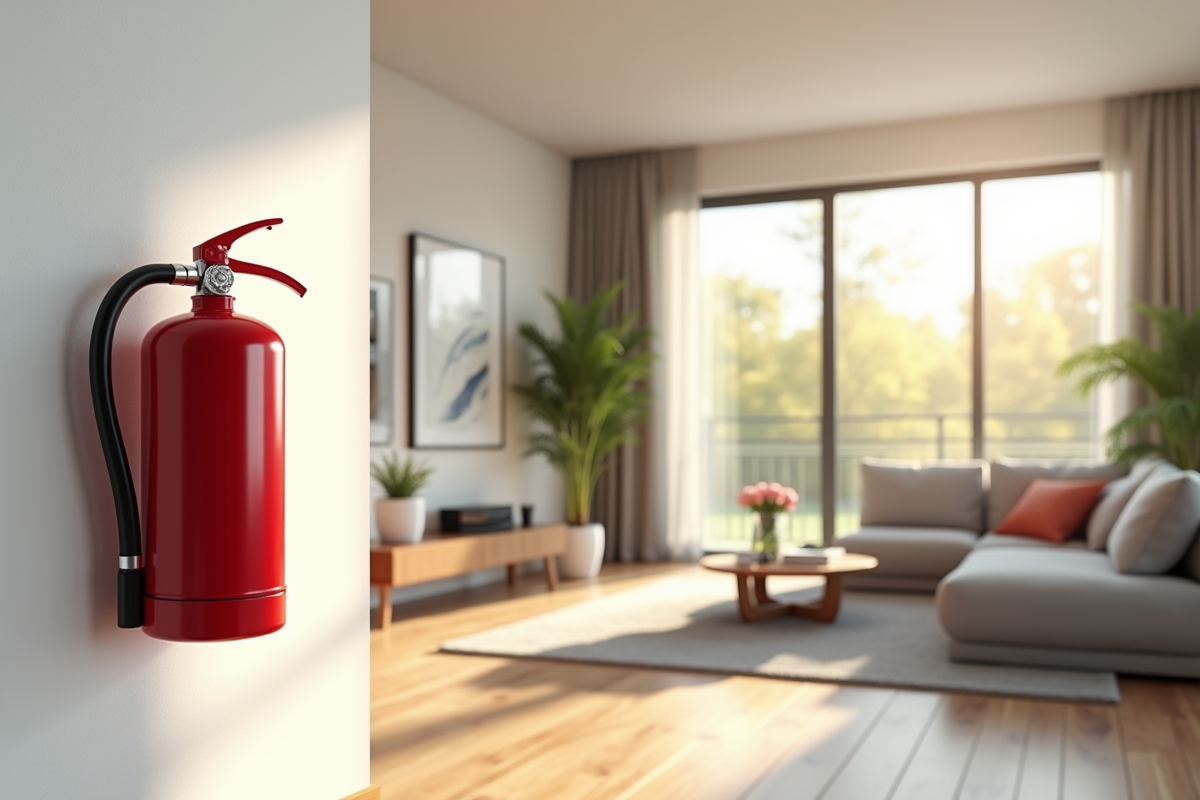 Salon moderne avec un extincteur rouge sur le mur blanc