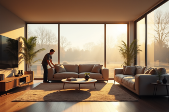 Salon moderne avec grandes fenêtres isolantes et lumière naturelle