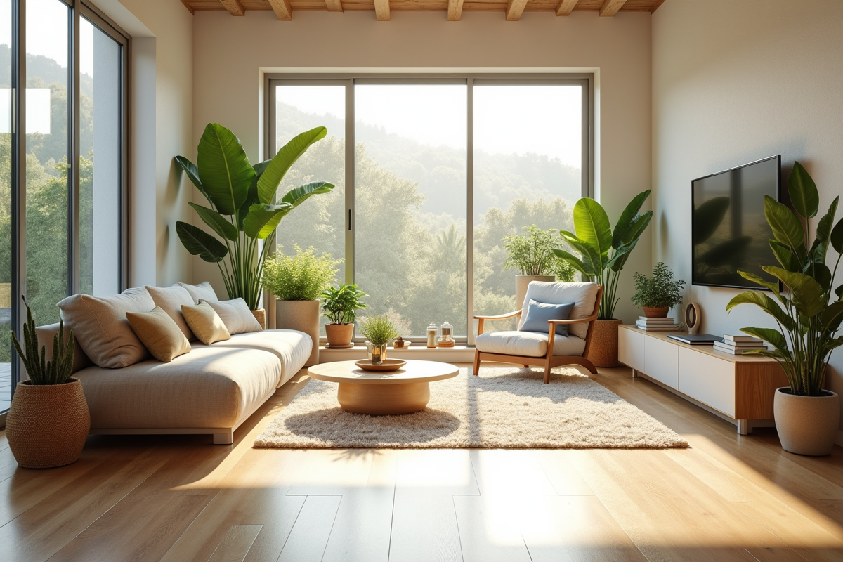 Salon moderne lumineux avec sol en linoleum naturel
