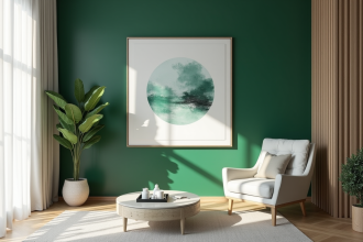 Salon moderne avec mur vert profond et tableau abstrait