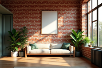 Salon cosy avec mur en briques rouges et plantes vertes